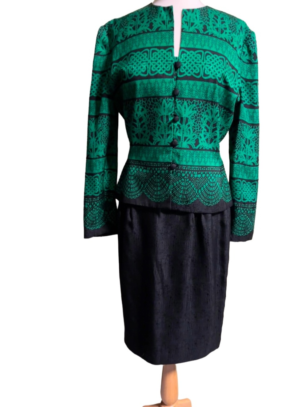 Vintage Adrianna Papell 100% Silk 2-Piece Skirt Set Dress - Green & Black Size 8